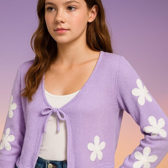 wonder nation Open Ribbed Cardigan Tie Front Light Purple M 7-8 - Picture 1 of 11